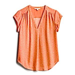 F2Fun Monday Lillian Peach Blouse in Small with Polka Dot Print & Curved Hem